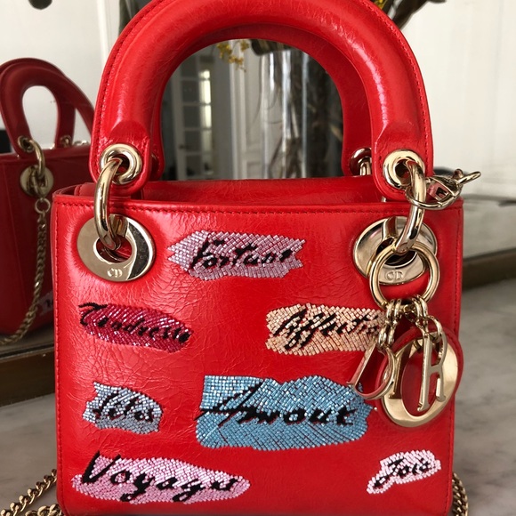 LADY DIOR- mini patent coral w/ beaded embroidery! - Picture 5 of 8